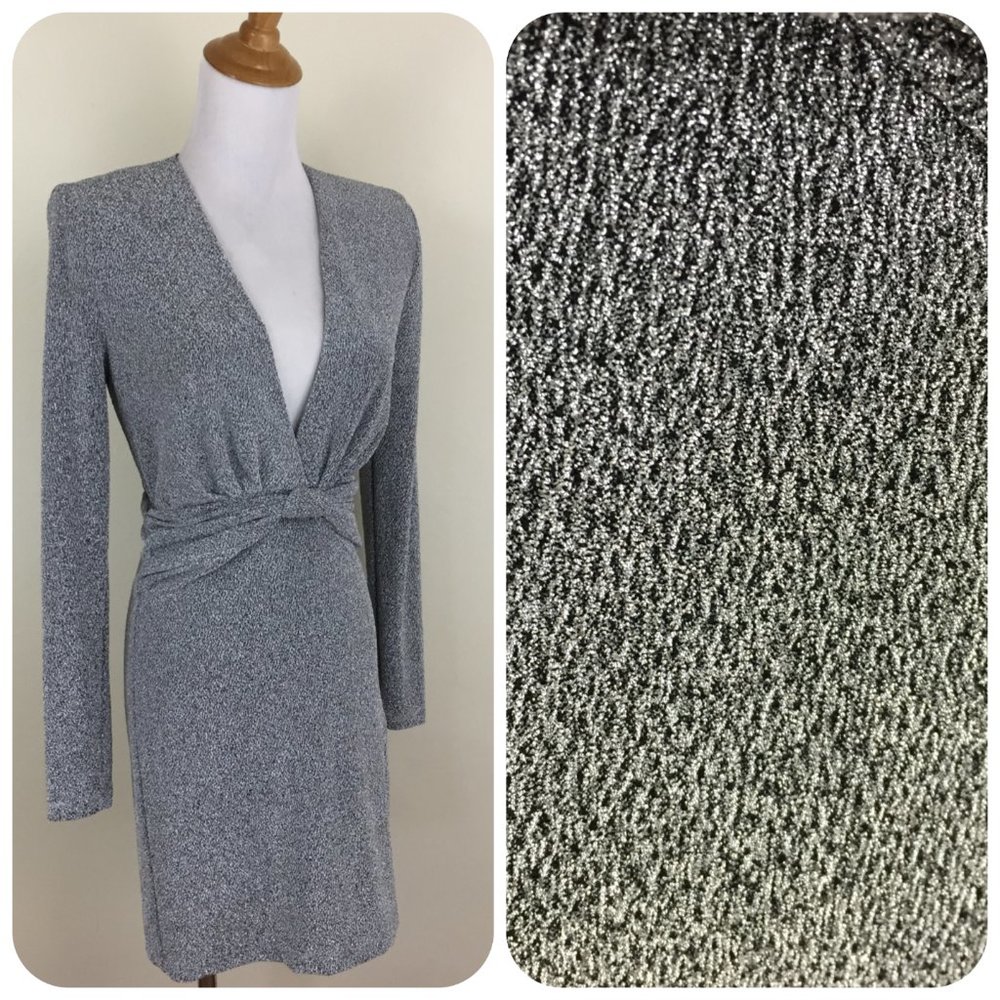NWT ZARA Silver Glitter Black Lining Low V Neck Shoulder Pads Long Sleeve Dress